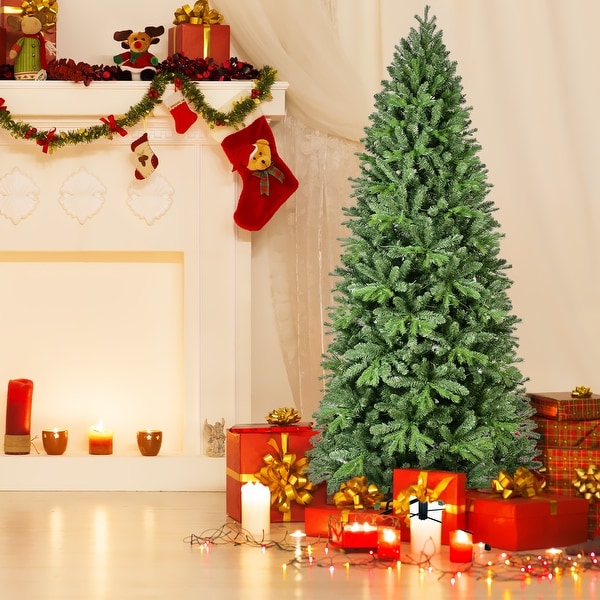 8FT PreLit Slim Christmas Tree，Green，Fir Xmas 'Feel Real' Artificial Tree，White Lights，Metal Hinged，Foldable Base