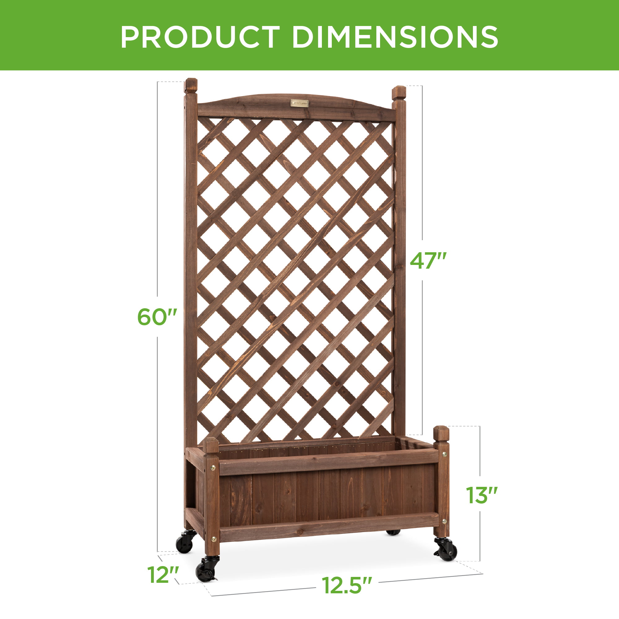 Best Choice Products 60in Mobile Wood Planter Box and Diamond Lattice Trellis， w/ Drainage Holes， Optional Wheels - Walnut