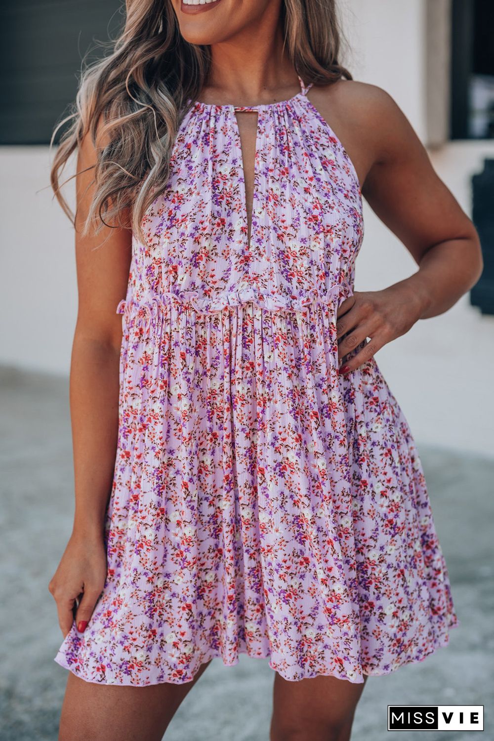 Purple Sleeveless Front Cut-out Backless Floral Dress