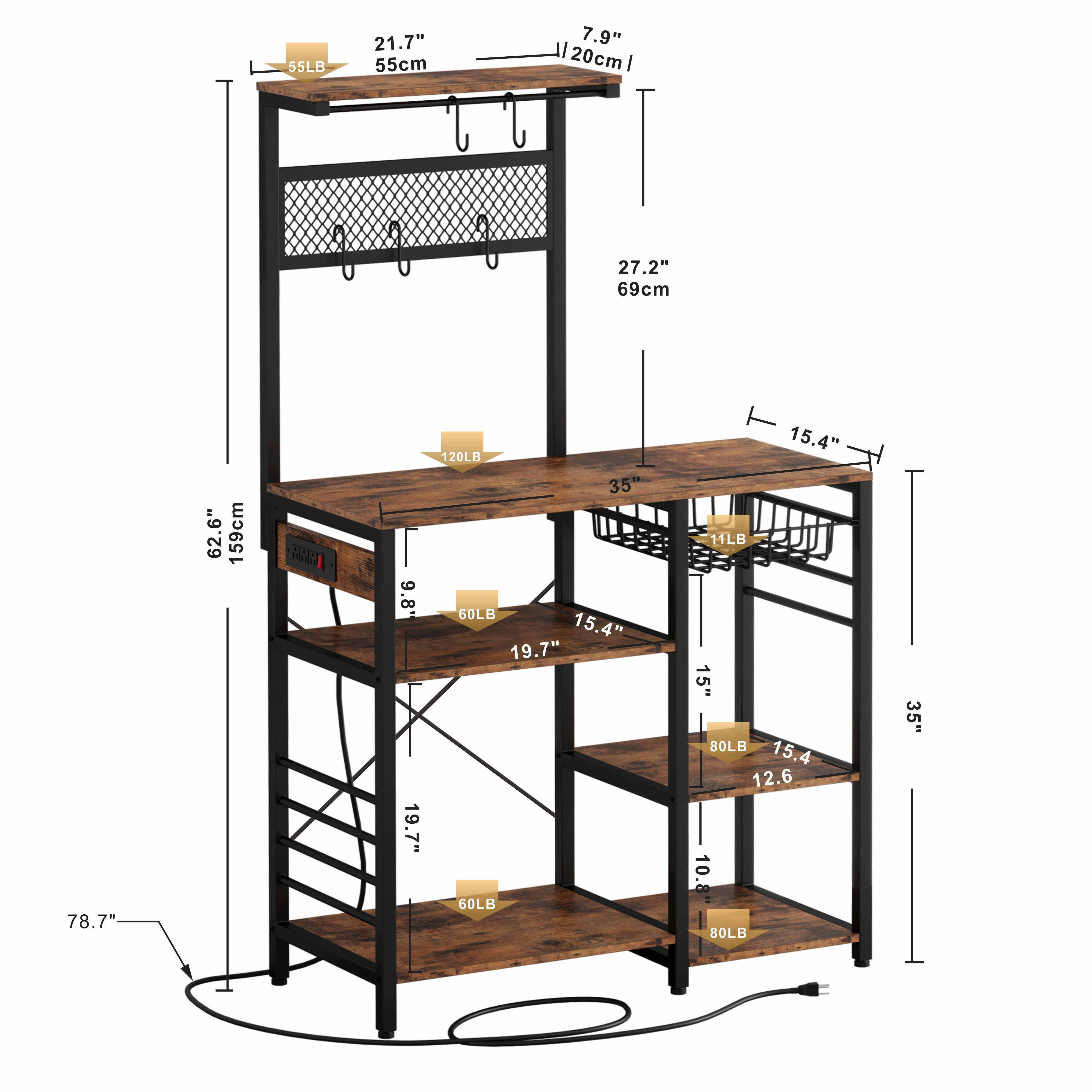 IRONCK Bakers Rack， Microwave Stand with Power Outlet， Industrial Coffee Bar  for Kitchen，  Vintage Brown