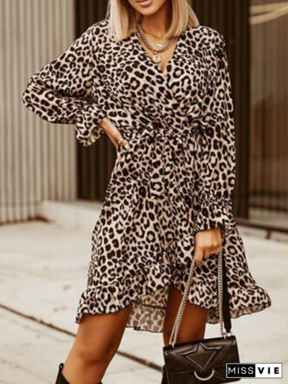 Women Casual Leopard Autumn V neck Natural No Elasticity Best Sell Long sleeve A-Line Dresses