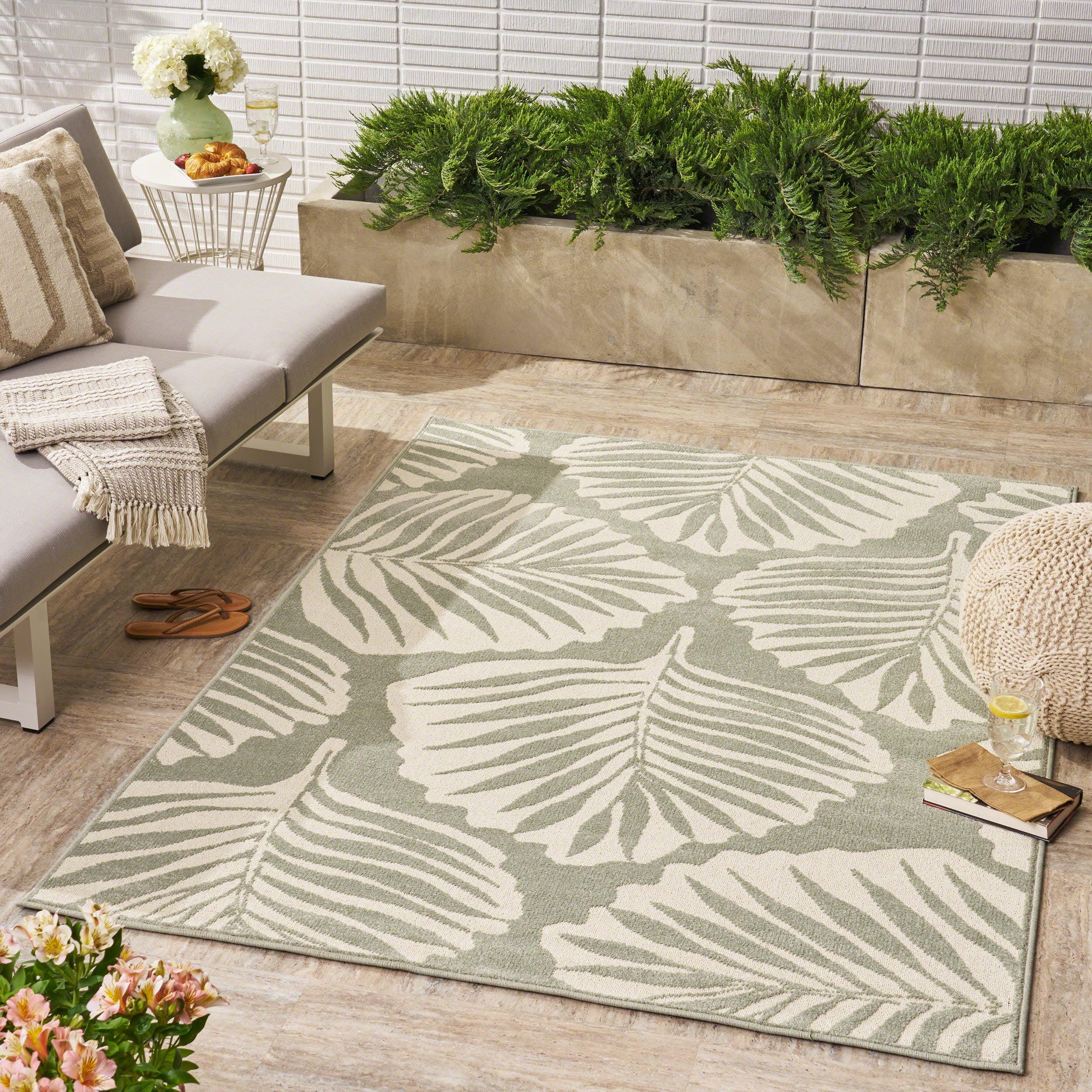 Mabel Outdoor Modern Frond Leaf Green And Ivory Rectangular Area Rug