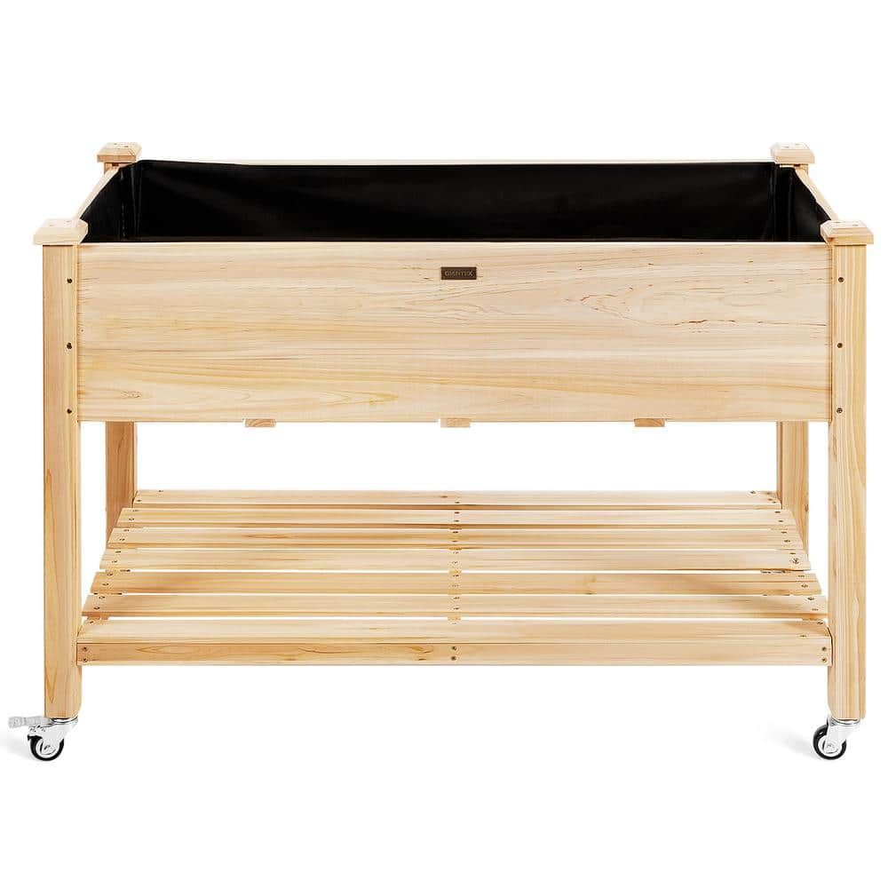 HONEY JOY Wood Elevated Garden Bed with Storage Shelf Wheels and Liner Suitable for Vegetable Flower Herb TOPB004699