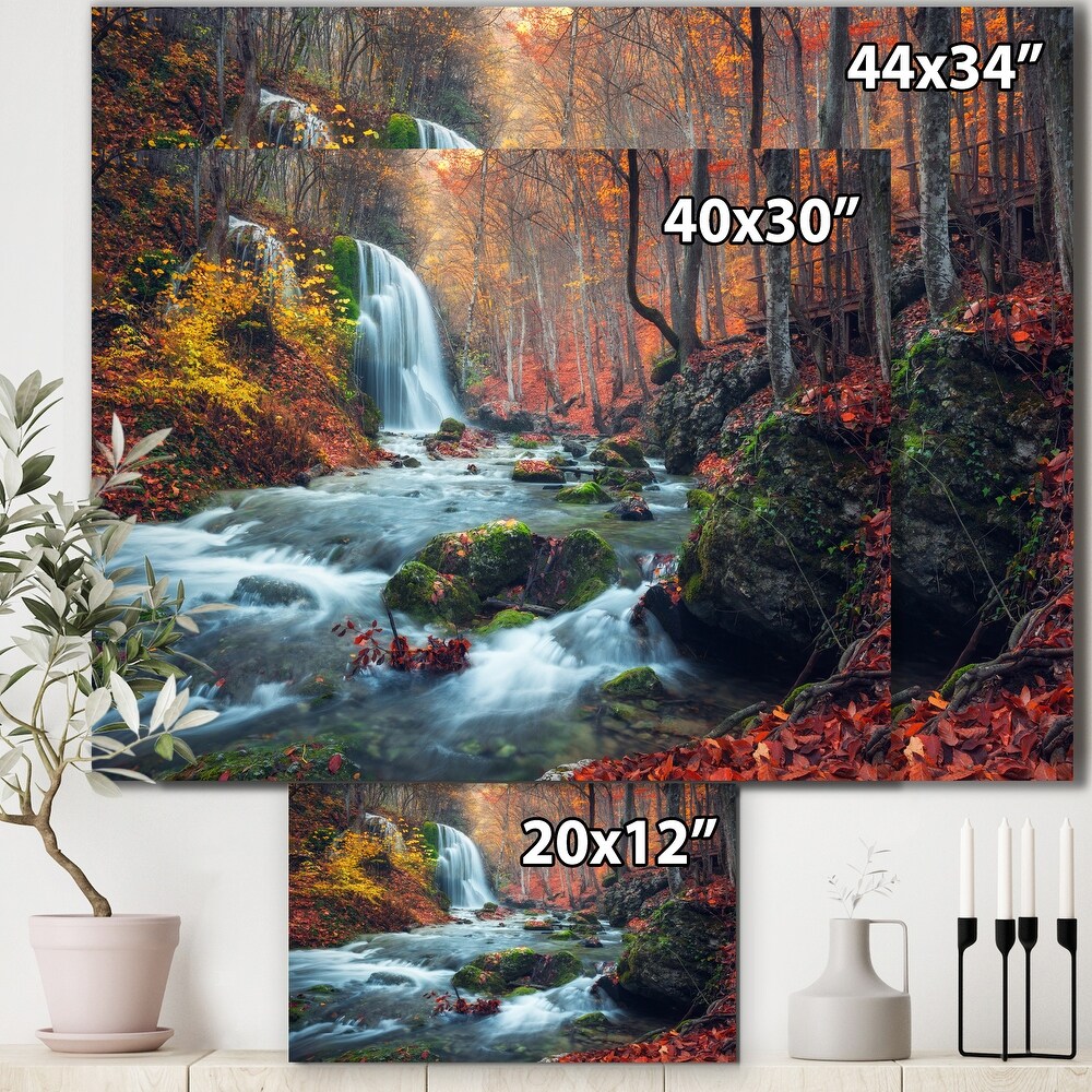 Autumn Mountain Waterfall Long View Landscape Photo Canvas Print   Orange