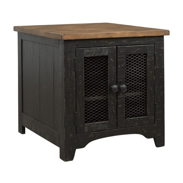 Two Tone Wooden End Table with Metal Grill Cabinet， Brown and Black - 25 H x 24 W x 26 L Inches