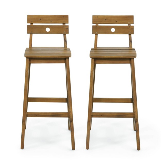 2pk Ashlyn Outdoor Acacia Wood Backed Bar Stools Teak Christopher Knight Home