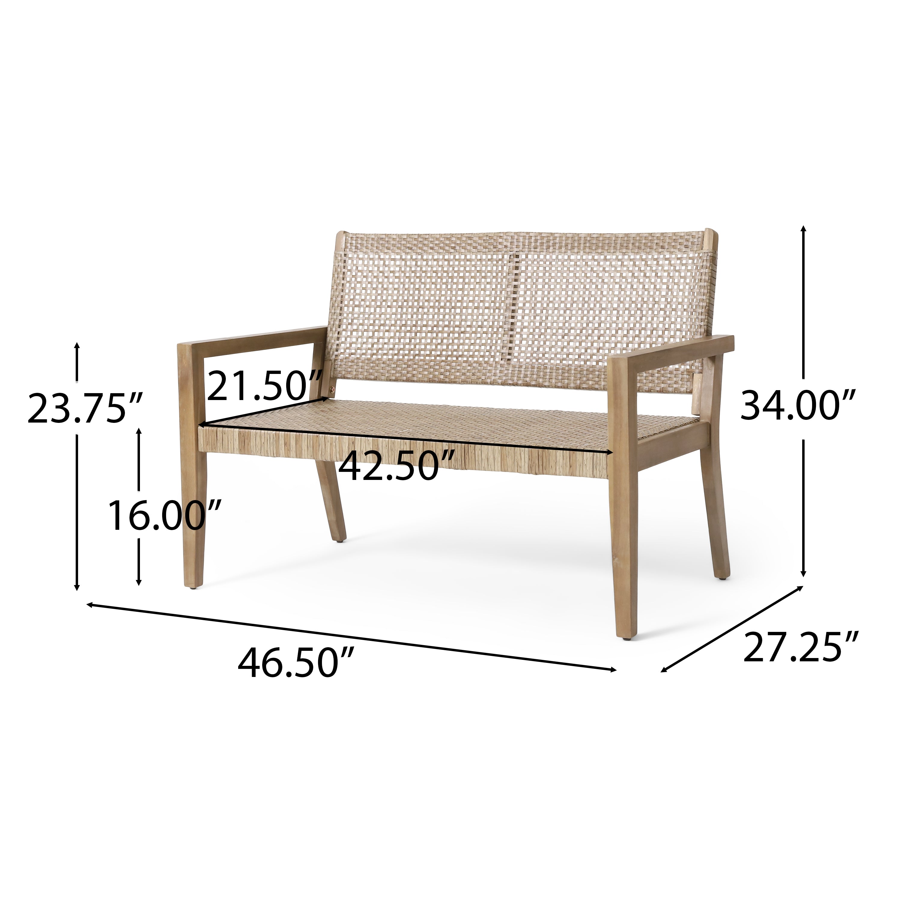 Elmcrest Outdoor Wicker and Acacia Wood Loveseat, Light Multibrown and Light Brown