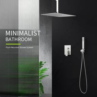 INSTER AIM 1-Spray 16 in. Square Ceiling Mount Rainfall Shower Head and Fashion Hand Shower in Brushed Nickel (Valve Included) HDGS0001XB16N