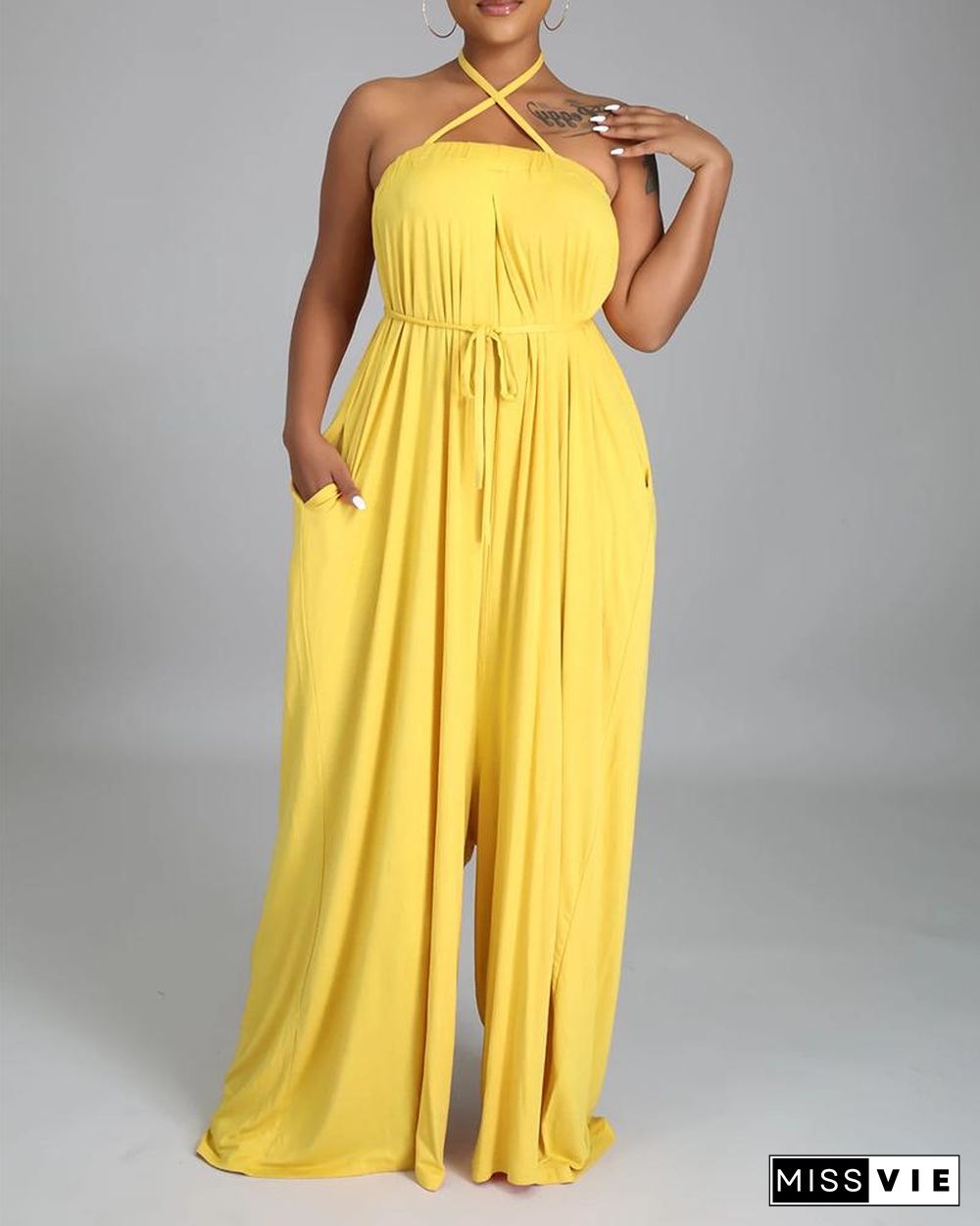 Solid Color Sleeveless Pocket Self Tie Wide Leg Jumpsuit