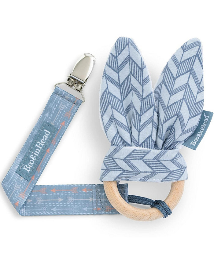 Booginhead Pacifier Clip and Natural Wood Baby Teether， Blue Feather