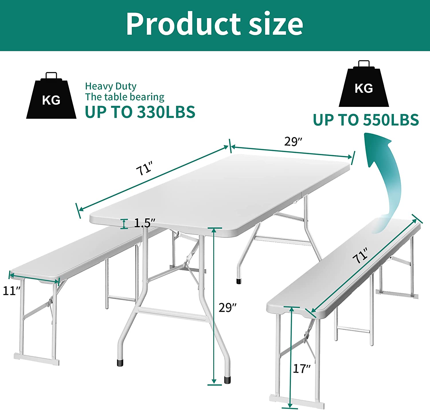 YITAHOME 6ft Portable Picnic Table Bench Set， Heavy Duty Camping Picnic Table Set， Fold up Picnic Table for Outdoor Camping Picnic Parties/Indoor Events， White