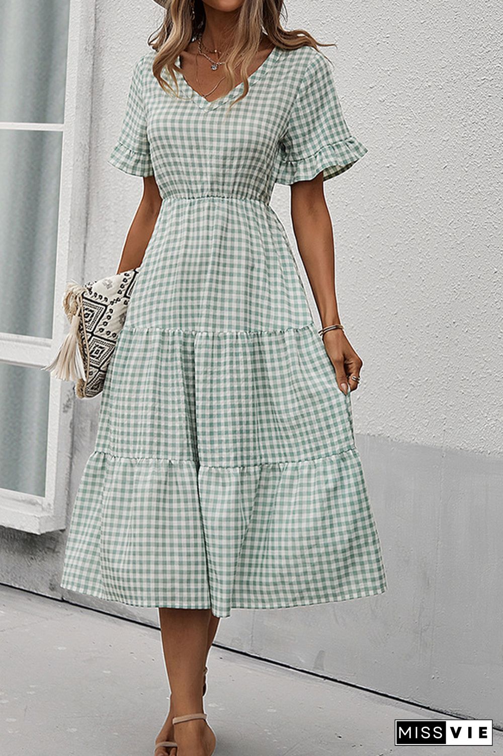 Plaid V-neck Short Sleeve Long Dress Wholesale