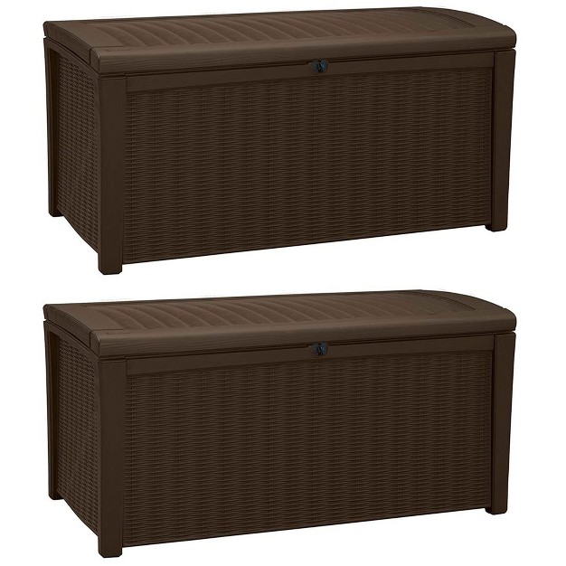 Keter Borneo 110 Gallon All Weather Weatherproof Rattan Wicker Resin Outdoor Backyard Patio Porch Deck Organization Storage Box Bench Brown 2 Pack