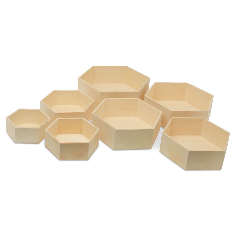 Wooden Hexagon Floating Shelves with Backs, 10 Sets of 7, Unfinished for Crafts and DIY Wall Décor: Modern, Geometric, Rustic, or Honeycomb, by Woodpeckers