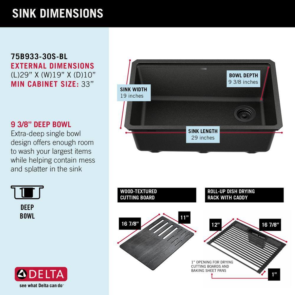 Delta Everest Metallic Black Granite Composite 29 in. Single Bowl Undermount Workstation Kitchen Sink with Accessories 75B933-30S-BL