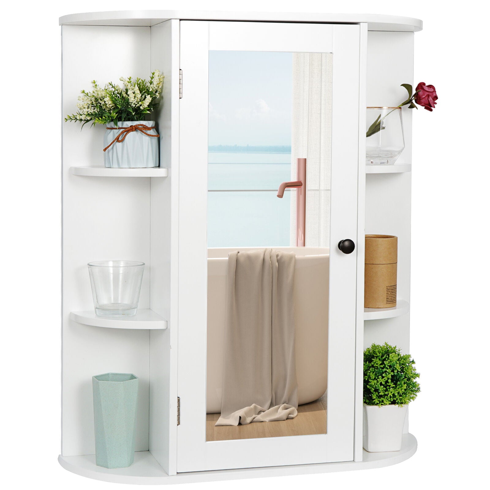 ZENSTYLE Wall Mounted Cabinet MDF Kitchen Storage Organizer W/ Mirror， White