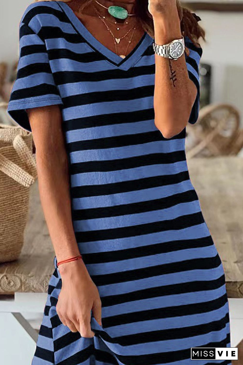 V Neck Split Stripes Dress