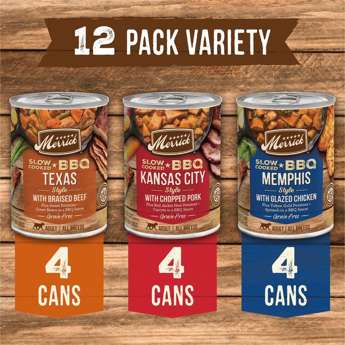 Merrick Slow Cooked BBQ Variety Pack Grain-Free Wet Dog Food， 12.7-oz， case of 12