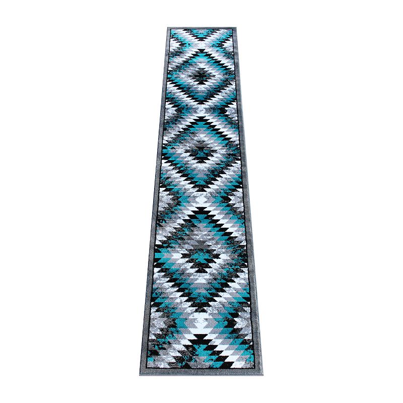 Masada Rugs Masada Rugs Stephanie Collection 3'x11' Area Rug Runner with Distressed Southwest Native American Design 1106 in Turquoise， Gray， Black and White