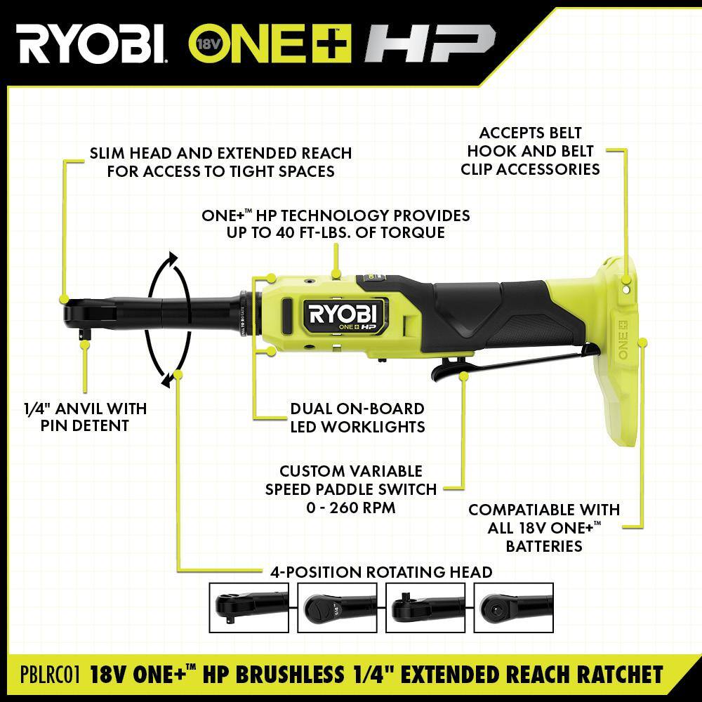 RYOBI ONE+ HP 18V Brushless Cordless 14 in. Extended Reach Ratchet (Tool Only) PBLRC01B