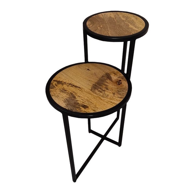 Two Tier Round Wooden Side Table with Metal Frame， Brown and Brass