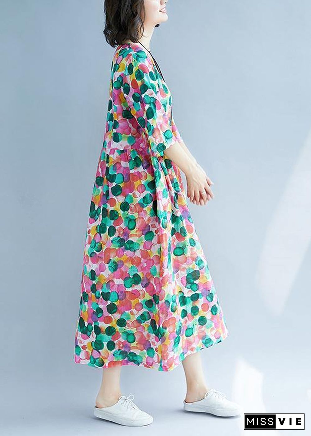 Loose rose dotted prints cotton linen Wardrobes short sleeve Kaftan summer Dress