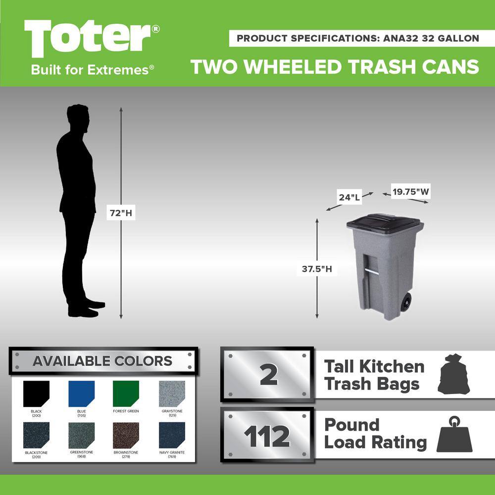 Toter 32 Gal. Greenstone Trash Can with Quiet Wheels and Attached Lid ANA32-55410