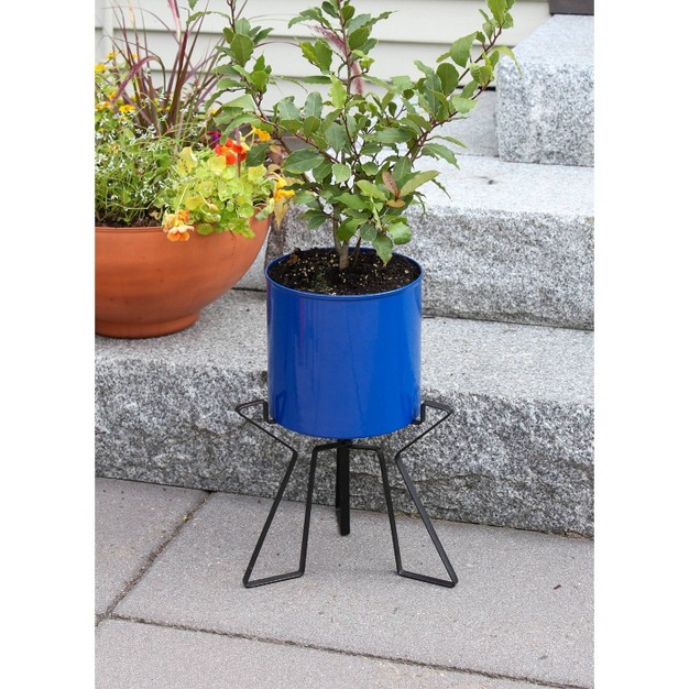 Wide Cylinder Planter Pot Galvanized Steel With Black Wrought Iron Plant Stand French Blue