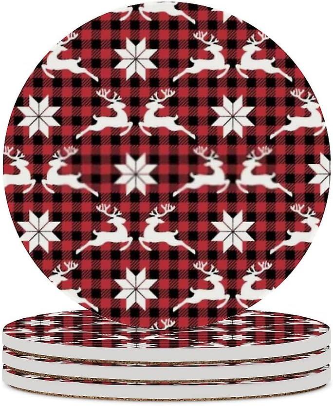 1pc Round Christmas Deer Flower At Buffalo Plaid Ceramic Coasters With Cork-backed For Coffee Drink Cup Mat Absorbent Stone Coasters