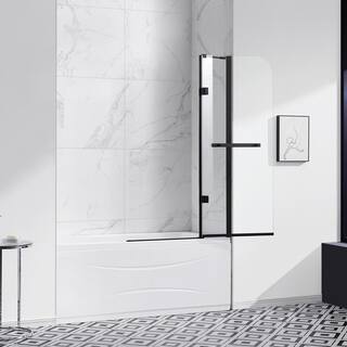 OVE Decors Annie 37.17 in. W x 57.99 in. H Pivot Frameless Tub Door in Black 15BGP-ANNI36-BL