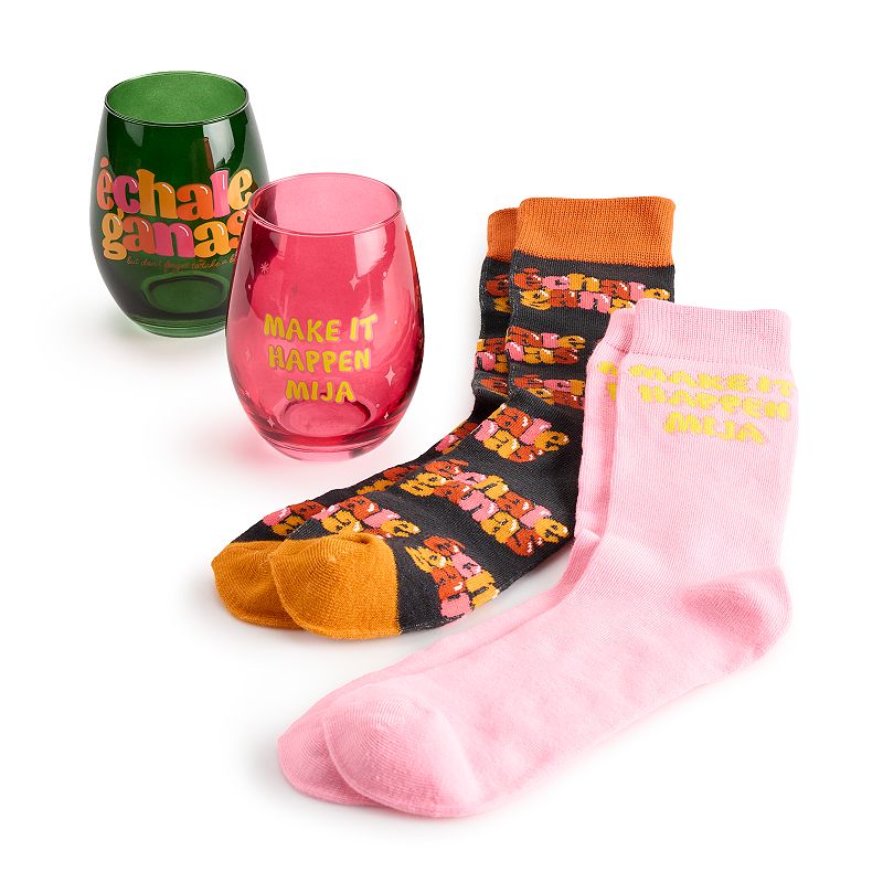 Quiero Prints Echale Ganas Stemless Wine Glass and Sock Gift Set