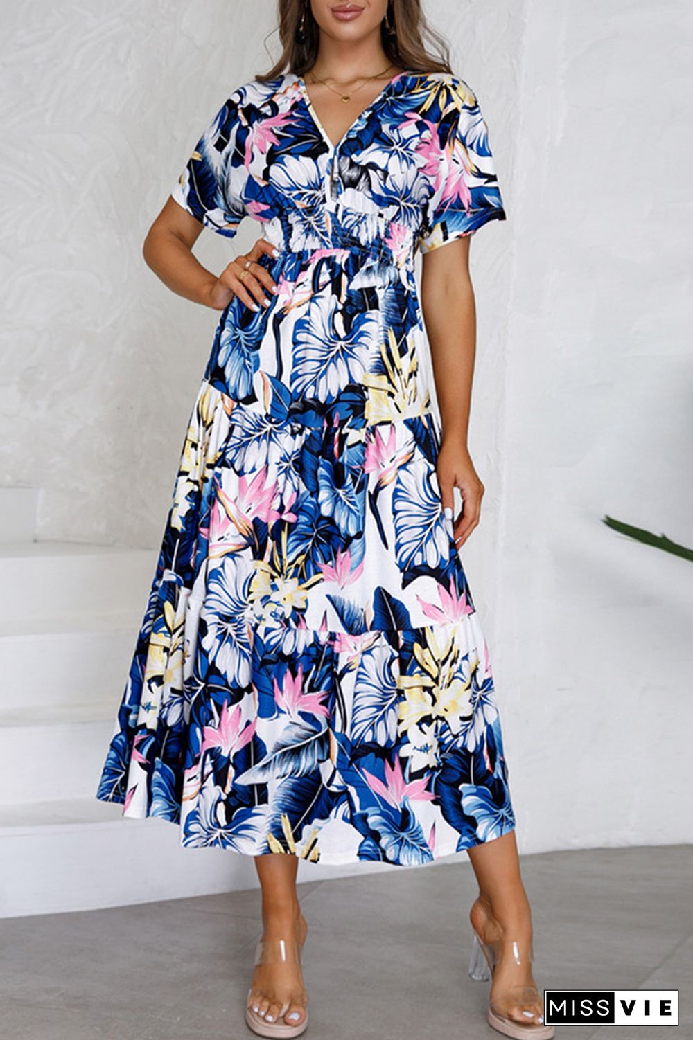 V Neck Short Sleeves Floral Print Dress