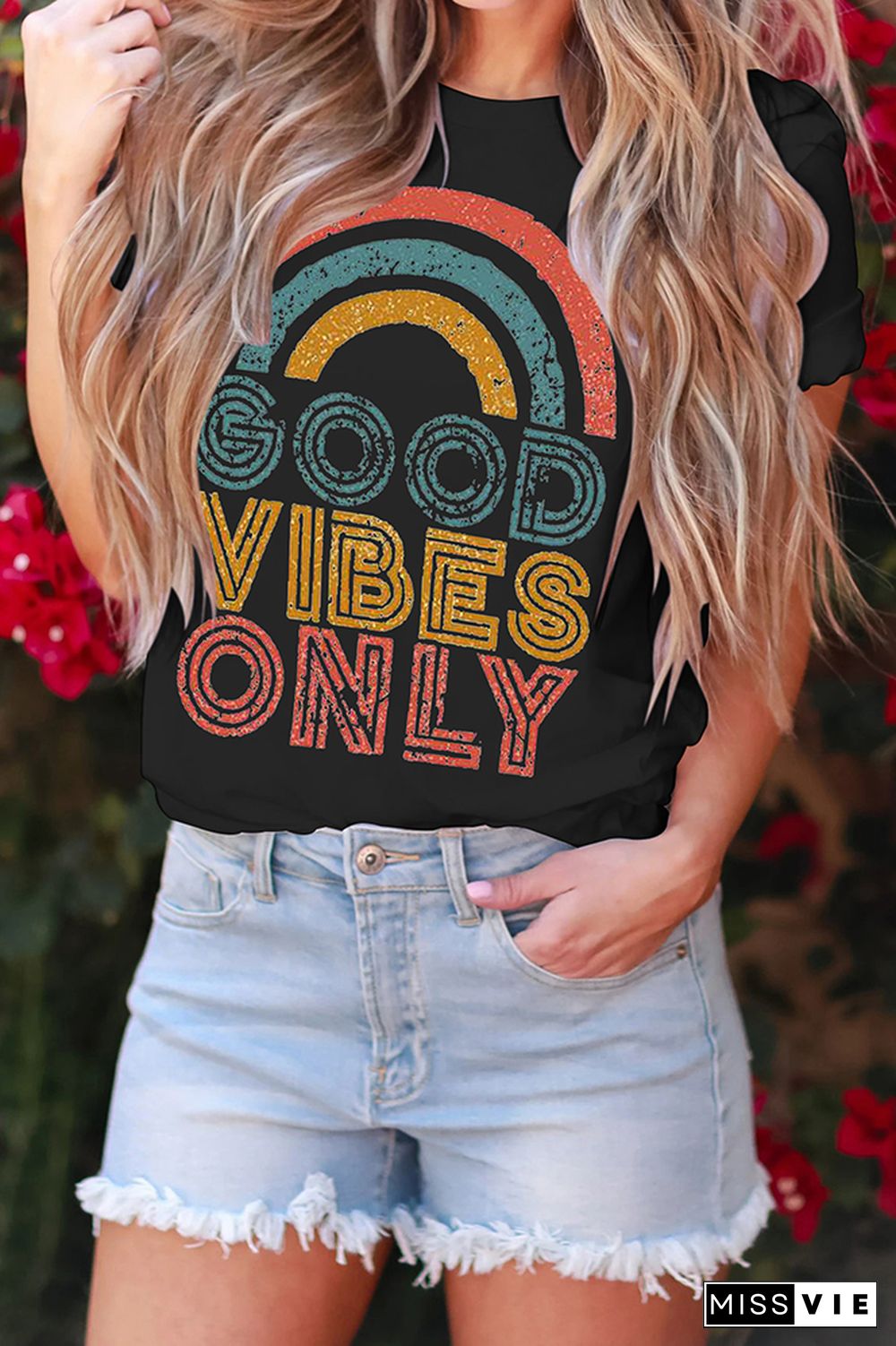 GOOD VIBES ONLY Print Graphic Tees for Women Wholesale Short Sleeve T shirts Top