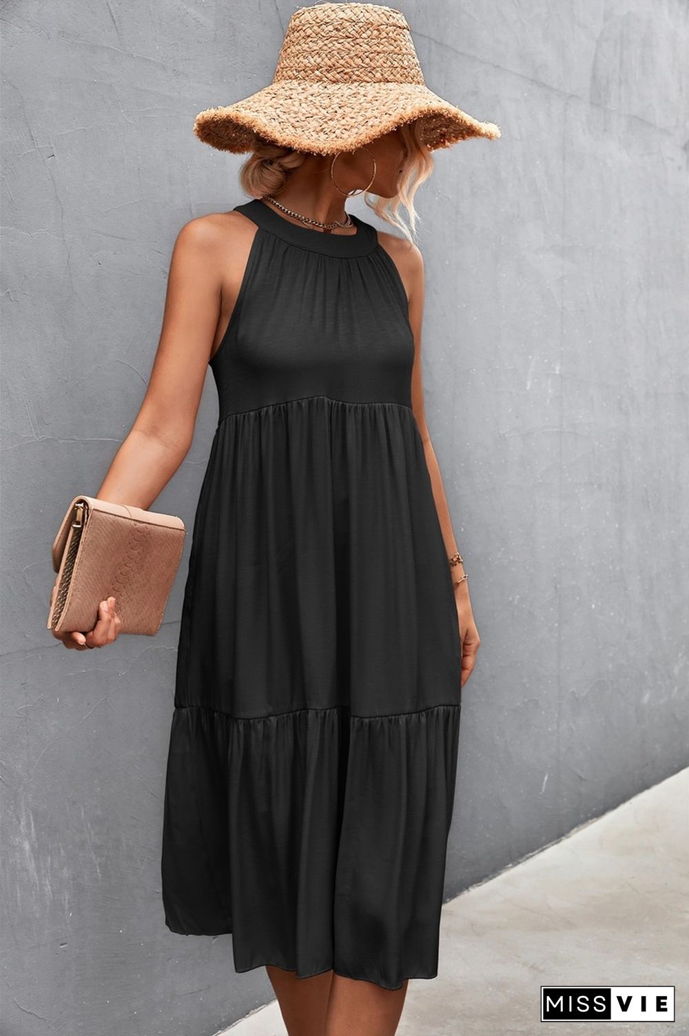 Elegant Sexy Dress Women Summer Dresses New Casual Loose Beach High Waist Solid Sleeveless A-line Midi O-neck Halter Dress