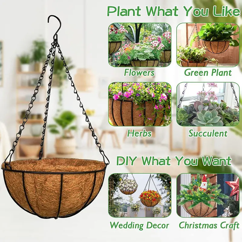 Wholesale Garden Supplies 14 Inch Coir Metal Hanging Pot For Plants Flower Pot For Balcony Outdoor Garden Decorations