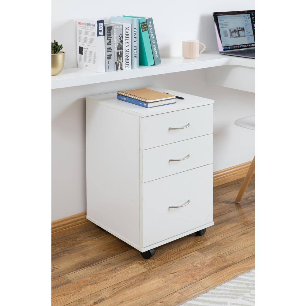 Basicwise Office White File Cabinet 3 Drawer Chest with Rolling Casters QI003678W