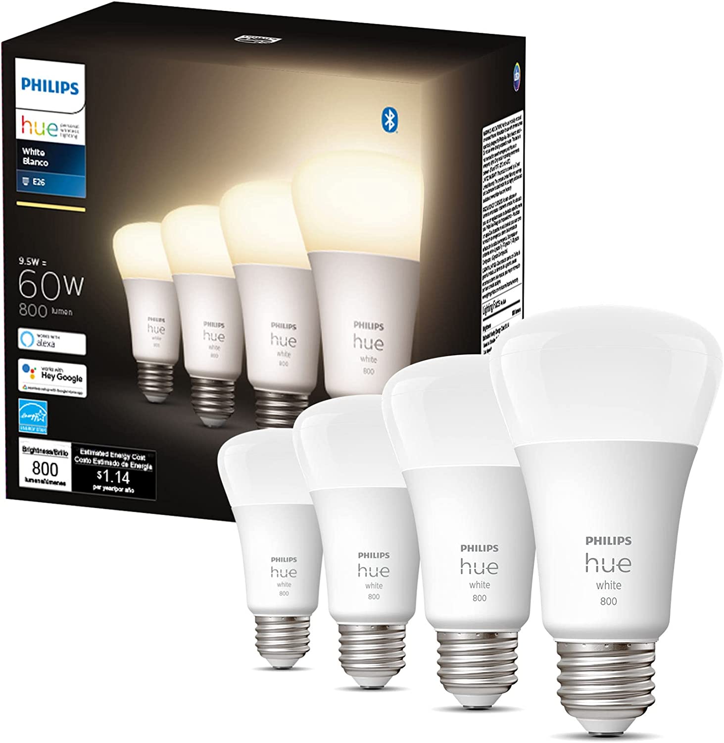 Philips Hue 476977 A19 Smart Light Bulb， 4 Pack， White， 4 Count