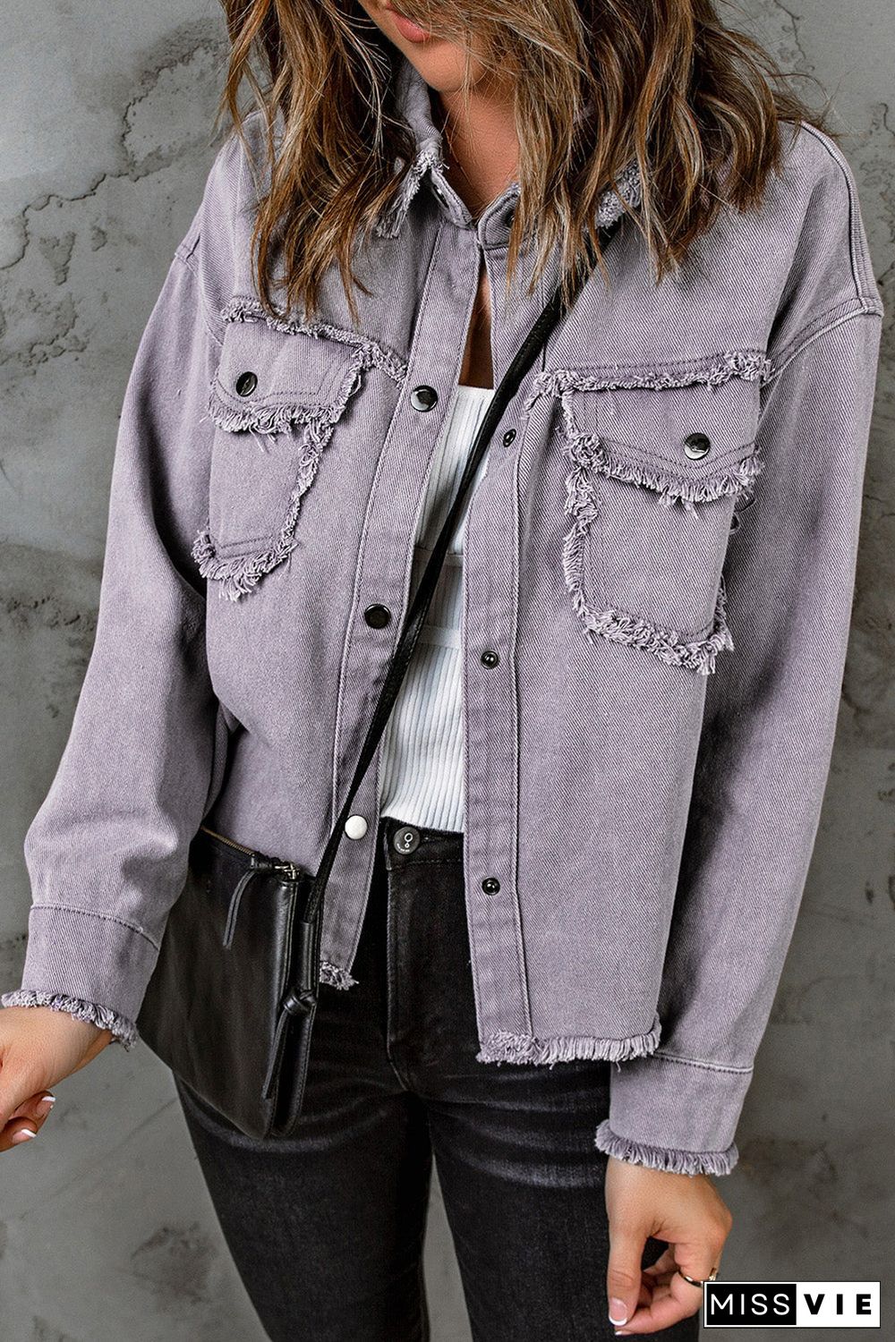 Distressed Flap Pockets Frayed Hemline Denim Jacket