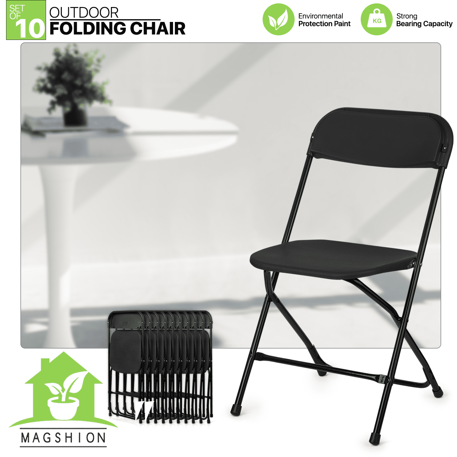 Magshion 10 Pack Plastic Foldable Stackable Chairs, for Indoor Outdoor Patio Garden Wedding Party Event Seat, Black