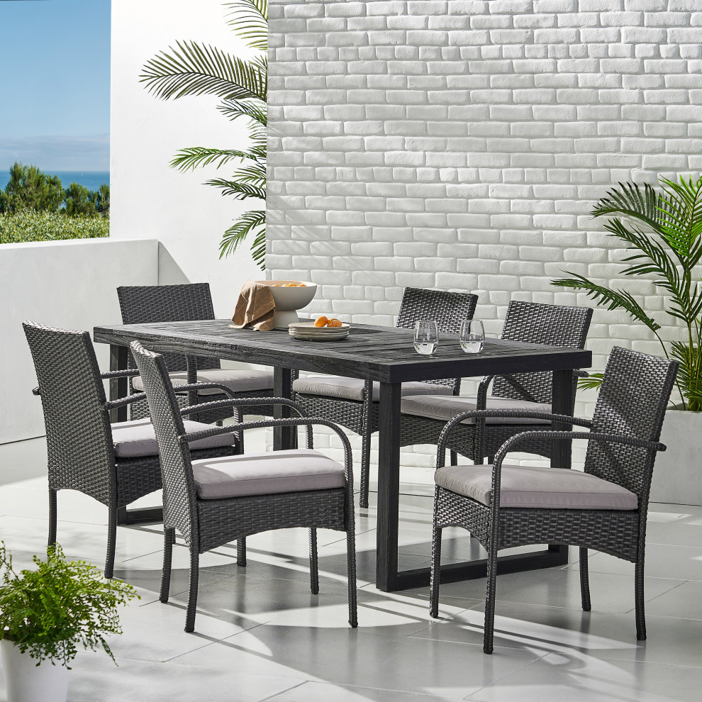 GDF Studio Cooper Outdoor 6 Seater Acacia Wood Dining Set With Wicker Chairs   Tropical   Outdoor Dining Sets   by GDFStudio  Houzz