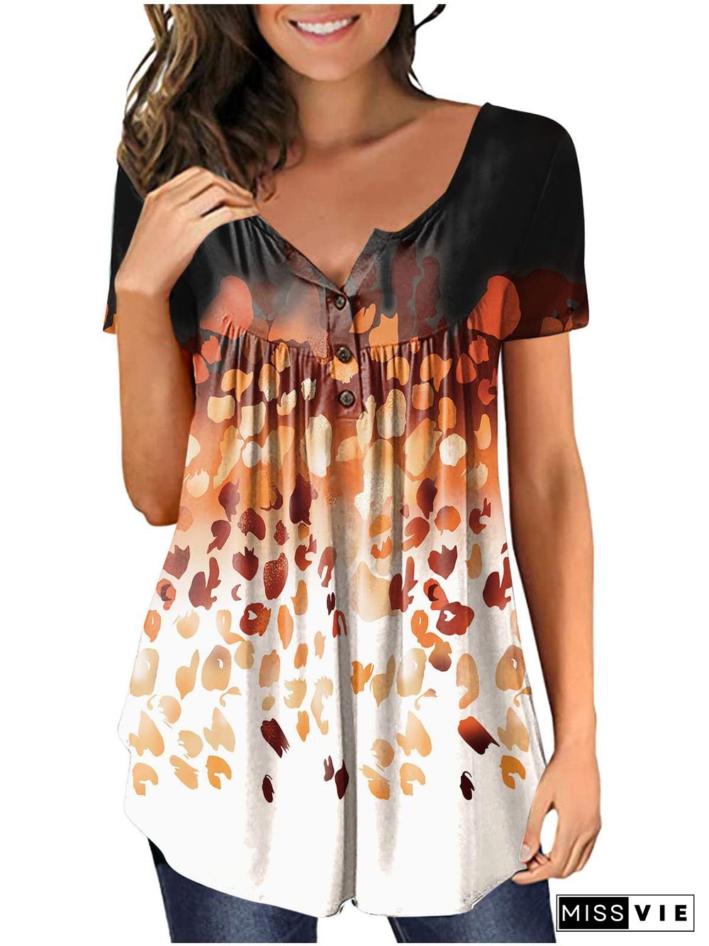 Women's V Neck Short Sleeve Floral Print Top T-Shirt