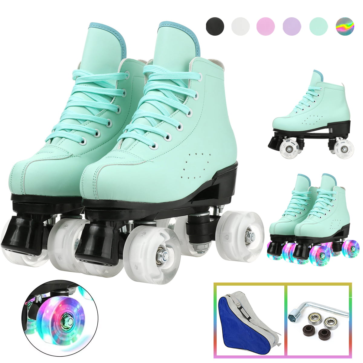 Classic Roller Skates for Women Cozy High-top Skates Indoor Outdoor Beginner Solid Color Roller Skates Shiny Wheels Skates， Green， 7