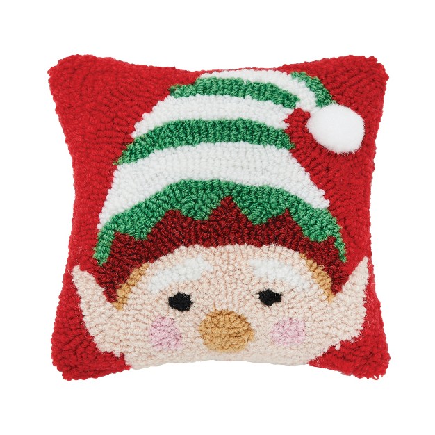 X 8 quot Christmas Peek a boo Elf Face On Red Background Petite Accent Hooked Throw Pillow