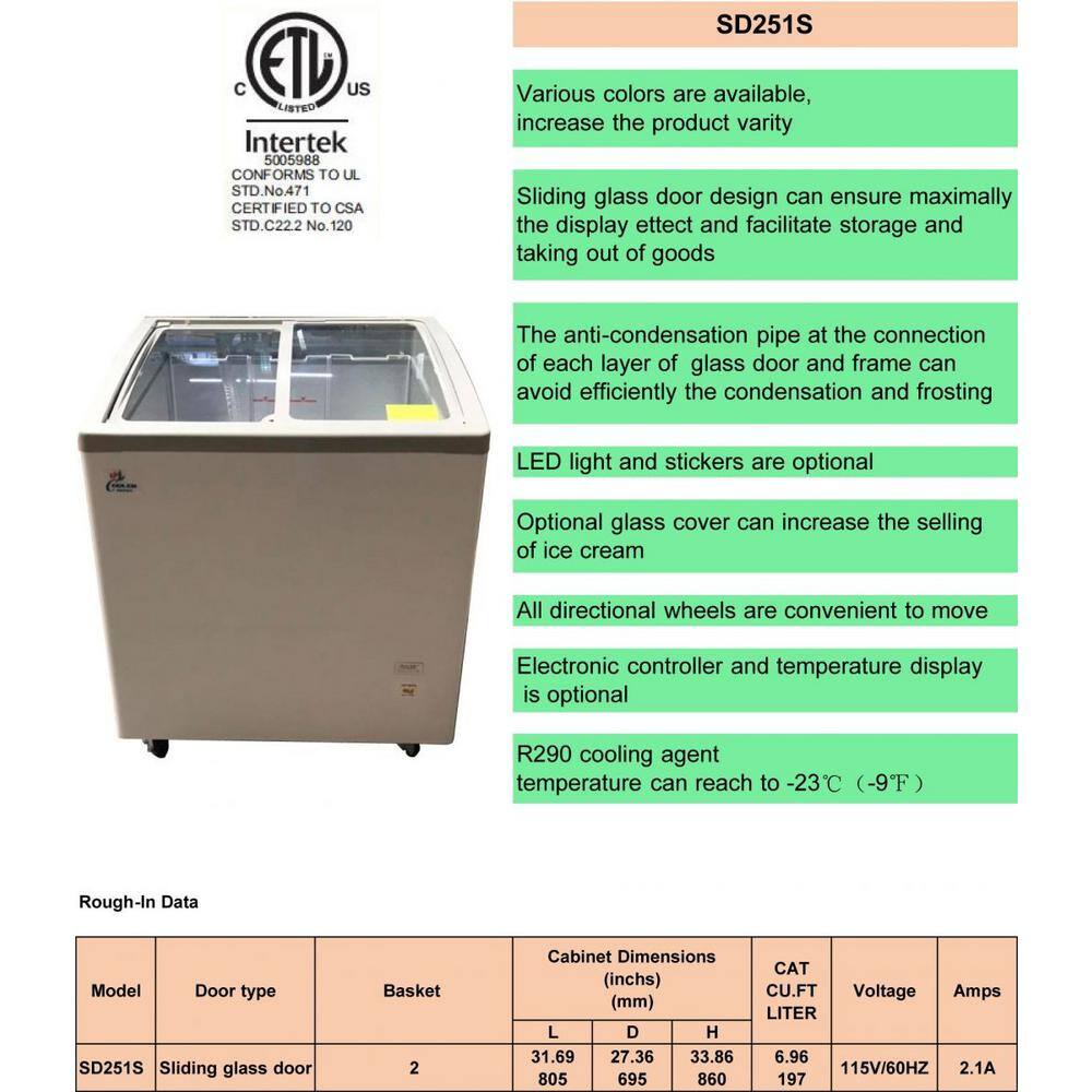 Cooler Depot 31 in. W 7 cu.ft. Manual Defrost Commercial Lap Glass Top Display Chest Freezer in White DXXSD251S