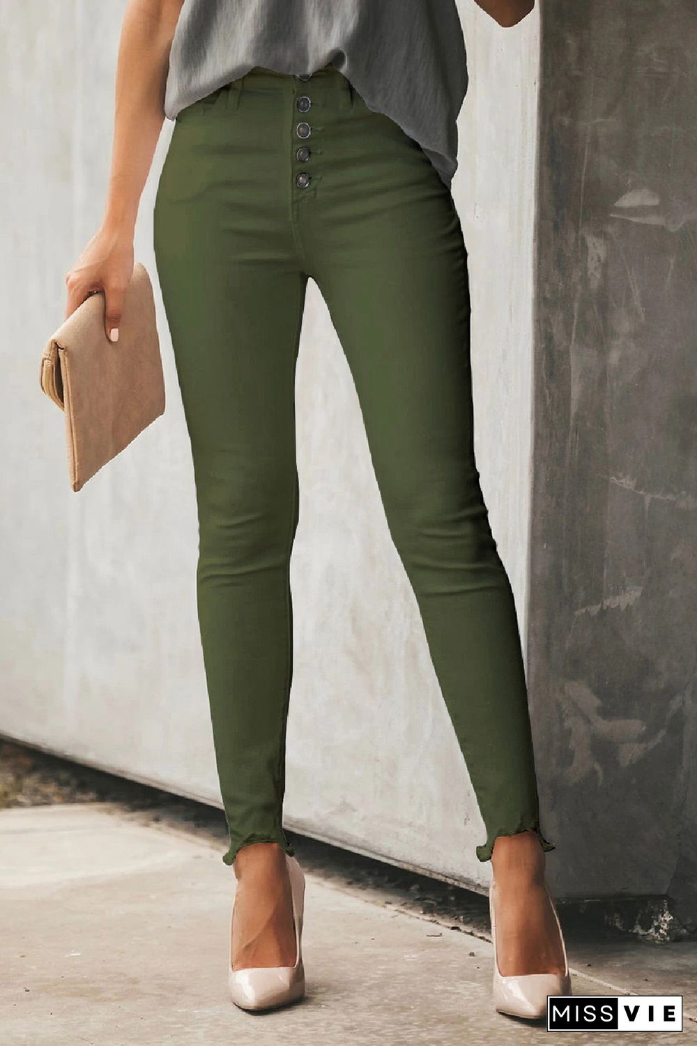 Green Plain High Waist Buttons Frayed Cropped Denim Jeans