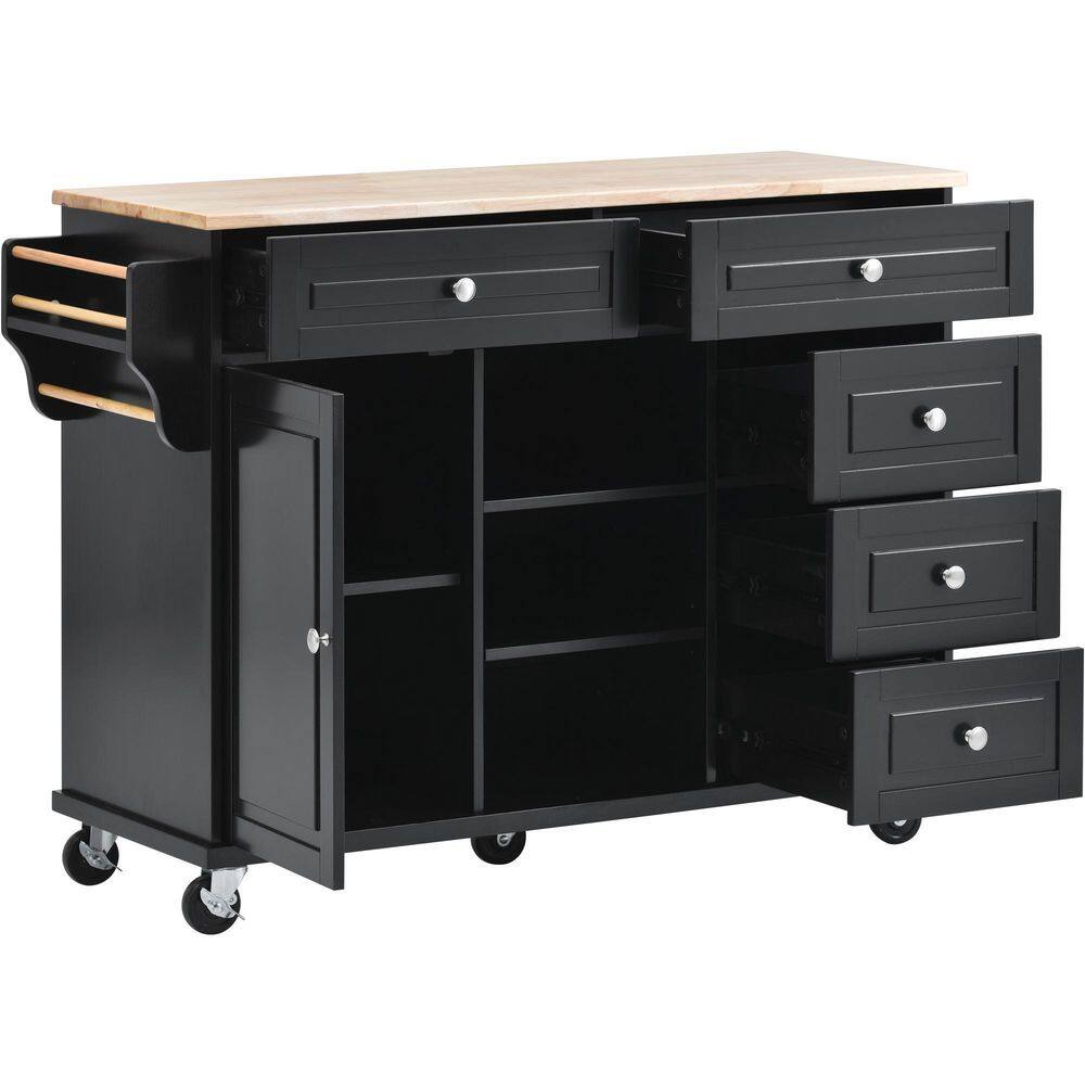 Black Kitchen Island on 5-Wheels with Storage and 5-draws Rubber Wood Desktop VJ1208KIsland12