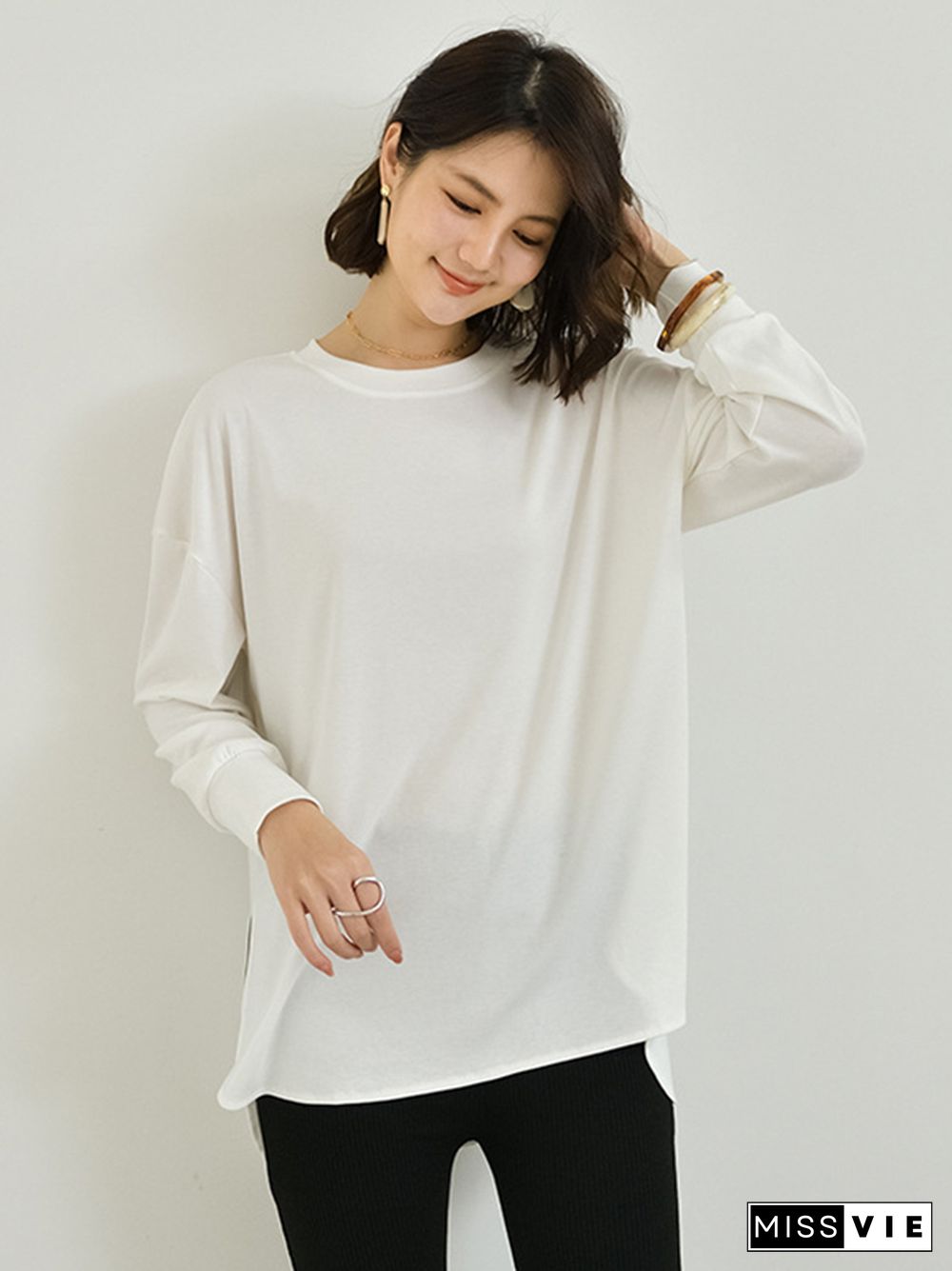 Simple Long Sleeves Loose Split-Side Solid Color Round-Neck T-Shirts Tops