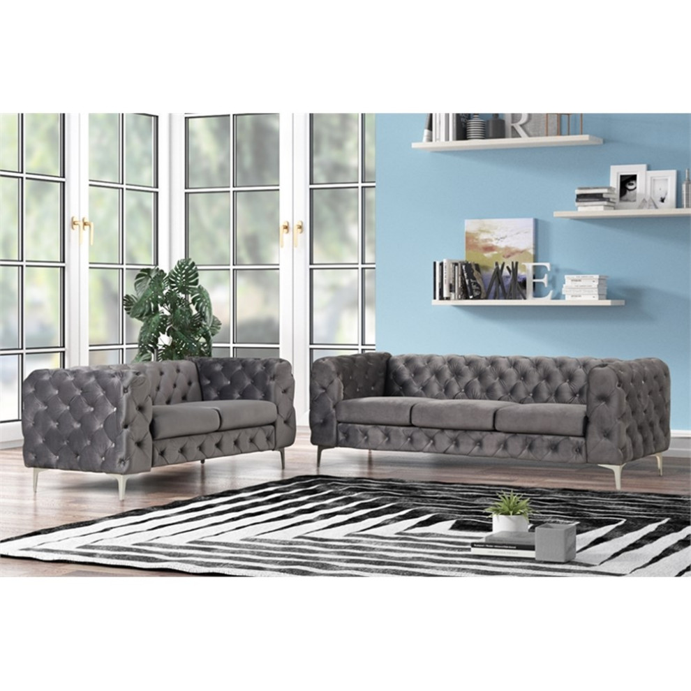 RN Furnishings sofa Loveseat Velvet Fabric living room furniture Set  Gray   Midcentury   Living Room Furniture Sets   by Homesquare  Houzz