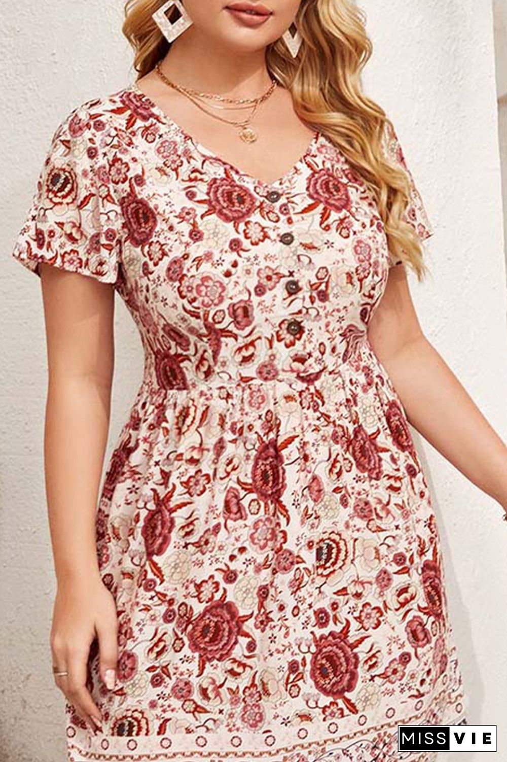 Button Down Floral Print Short Sleeves Plus Size Dress