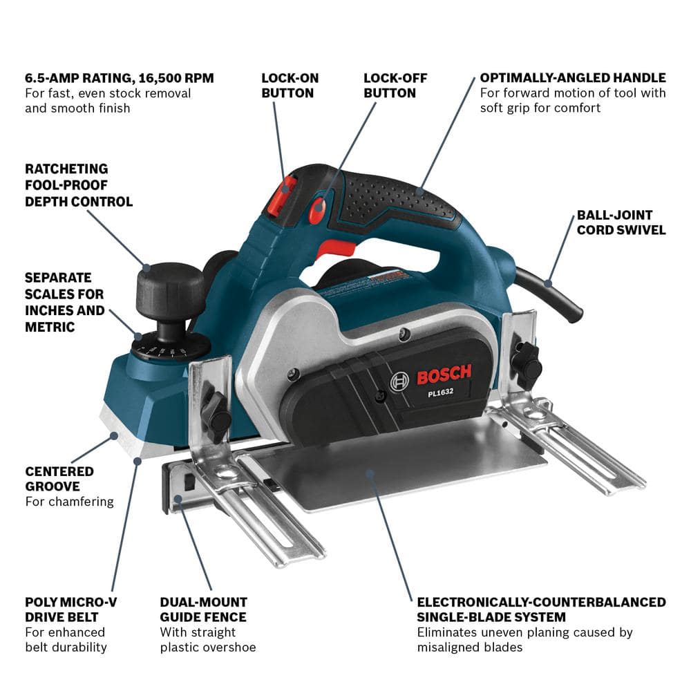 Bosch 6.5 Amp 3-1/4 in. Corded Planer Kit with Reversible Woodrazor Micrograin Carbide Blade PL1632